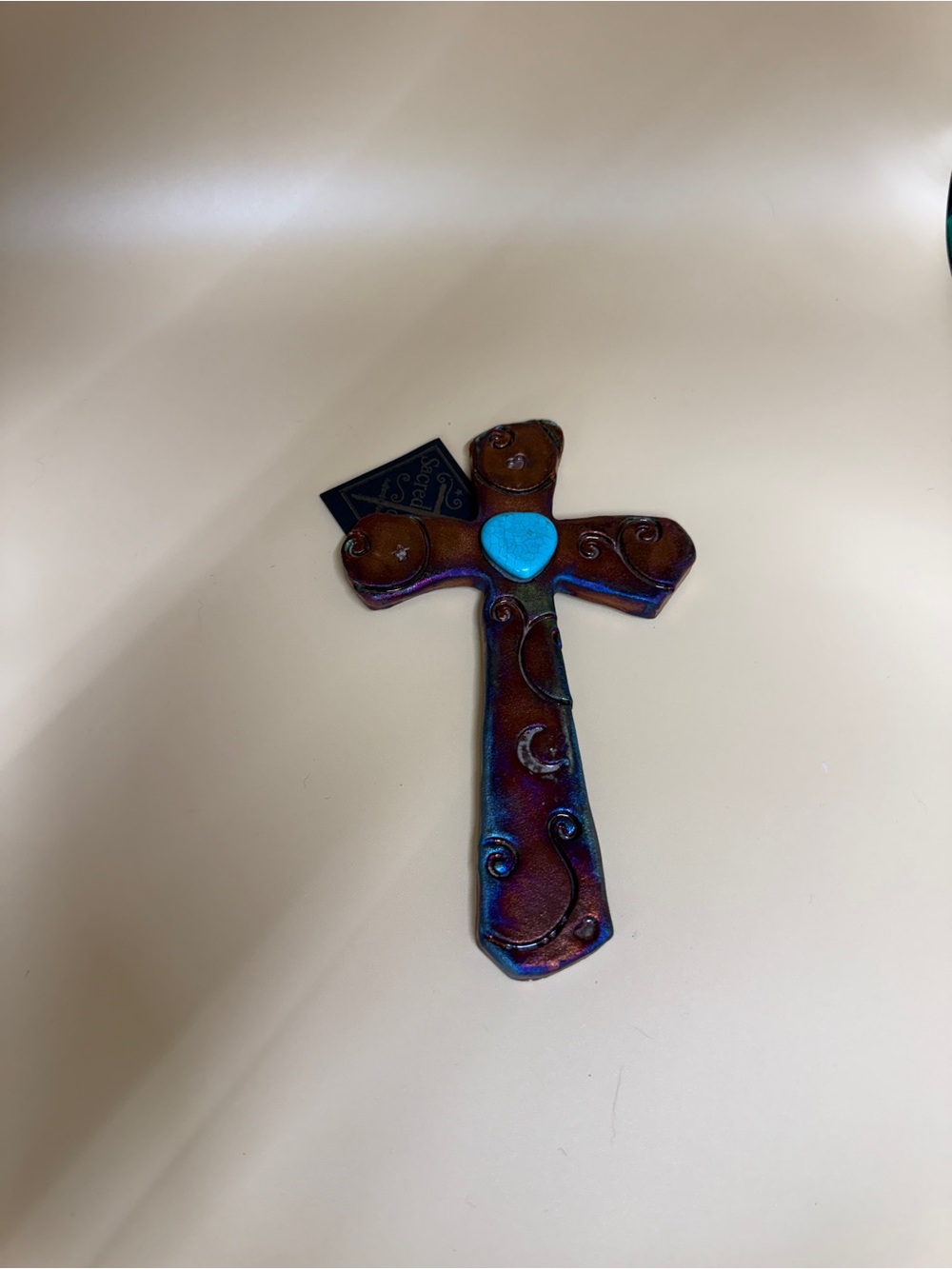 Handcrafted Jeremy Diller Raku Pottery Sacred Cross with Turquoise Heart apx 7”